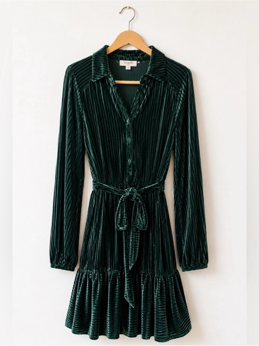 Umgee Emerald Green Ribbed Velvet Mini Dress Tie Waist Size S